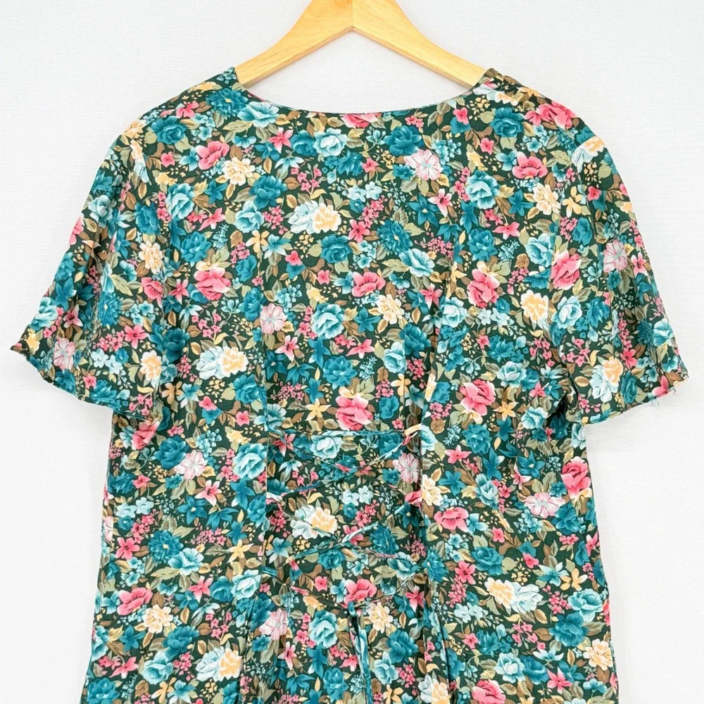 Caroline Wells II Floral Button Front Dress Womens 16 Teal Pink Cottagecore Vtg